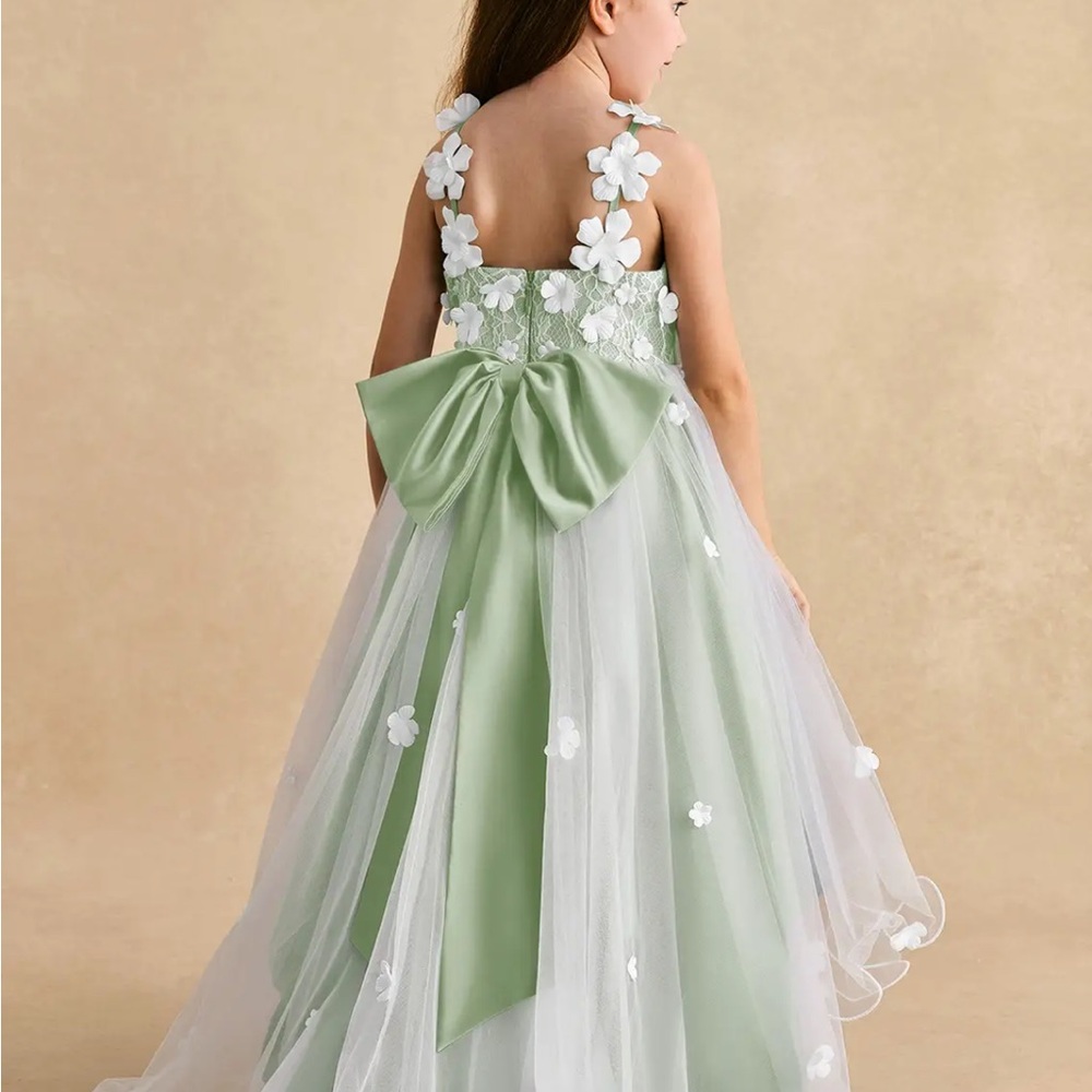 Sage Green Floral Tulle Girls' Dress - Picture 2 of 16